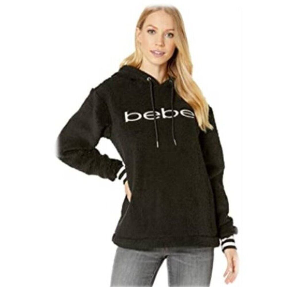 BEBE SPORT Womens Sherpa Hoodie Sweater Front Graphic Logo Large